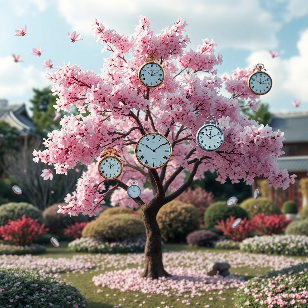 AI generated art for prompt: Craft an image blending surrealism with the serene beauty of a Japanese garden, where a cherry bloss