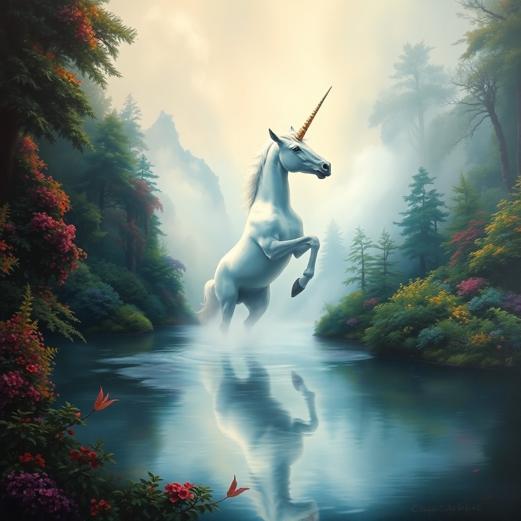 AI generated art for prompt: A surreal oil painting depicting an enchanting landscape where a majestic unicorn rises from a mysti