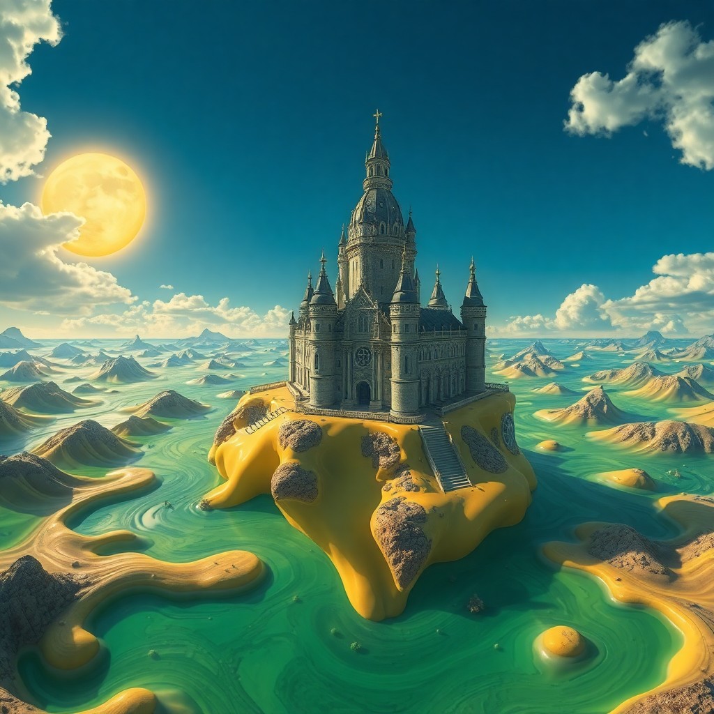 AI generated art for prompt: Envision a fantastical, dream-inspired vista reminiscent of Salvador Dali's melting clockscapes, wit