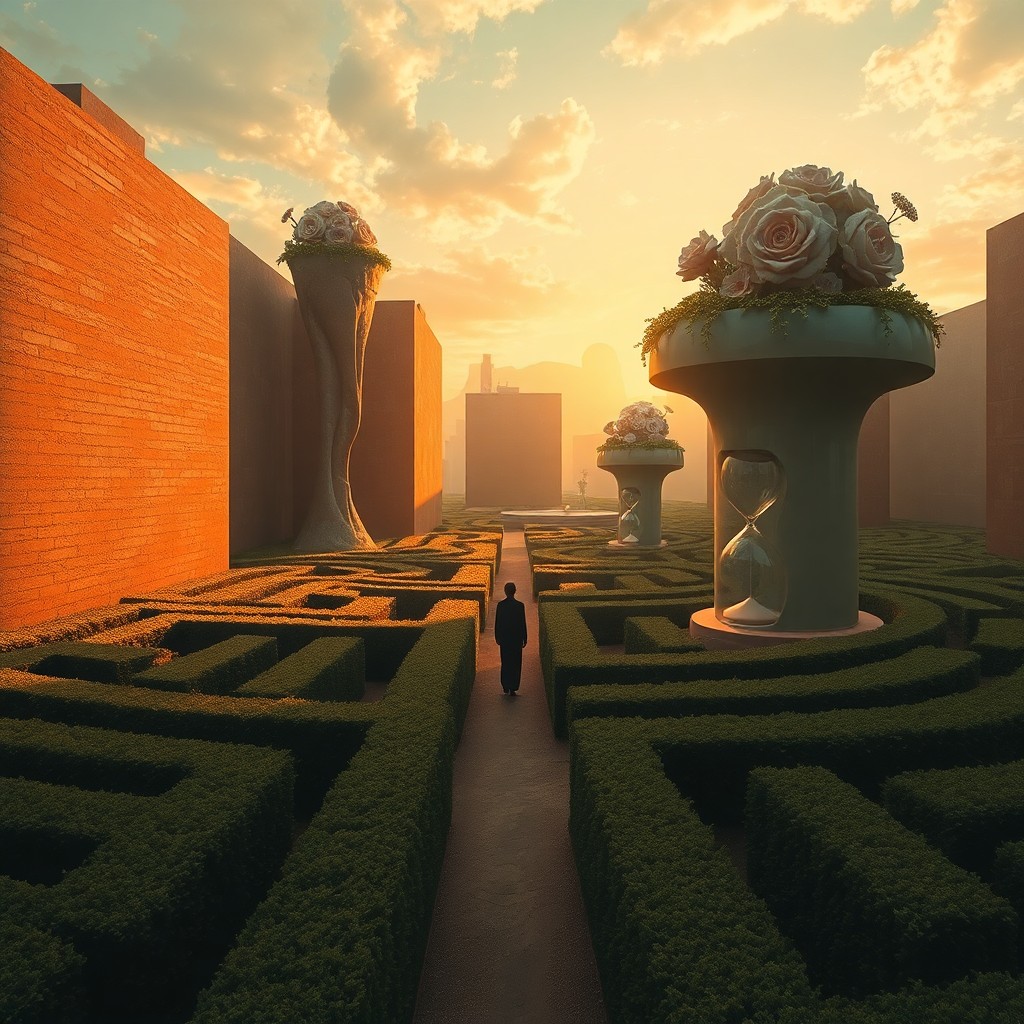 AI generated art for prompt: In a surreal garden labyrinth reminiscent of Salvador Dali's dreamlike paintings, an intricate maze 