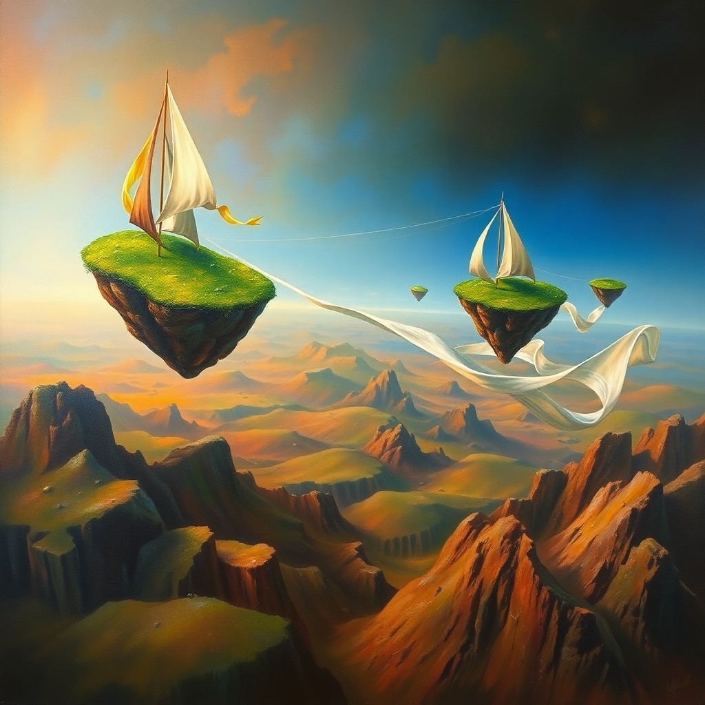 AI generated art for prompt: A surreal oil painting captures an expansive, abstract landscape where the force of gravity appears 