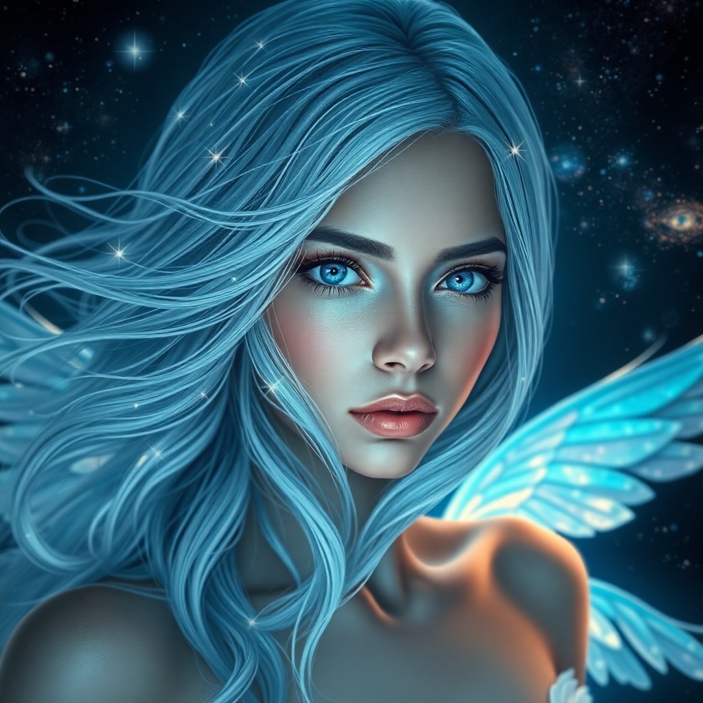 AI generated art for prompt: A mesmerizing digital art portrait showcases an enigmatic celestial figure with flowing, luminous si