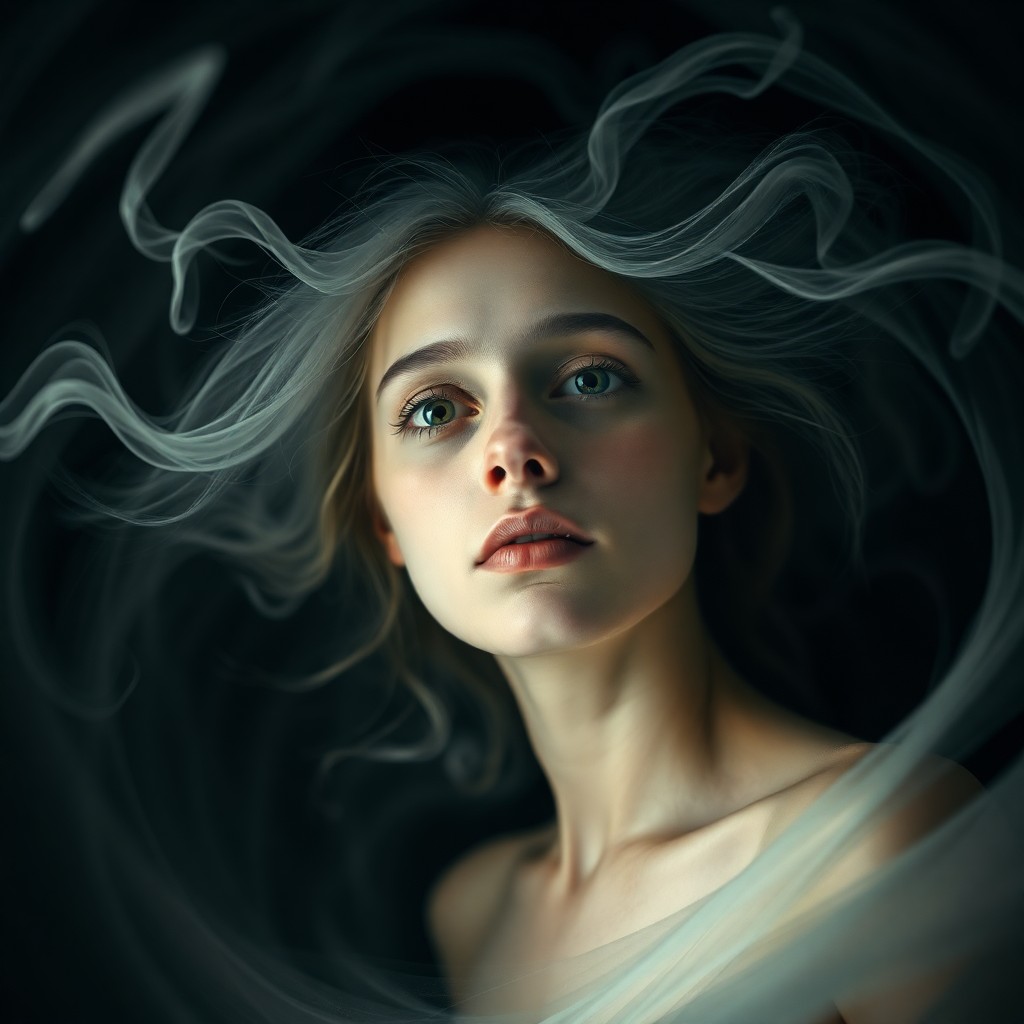 AI generated art for prompt: A portrait showcasing a spectral figure emerging from a swirling vortex, her ghostly form materializ