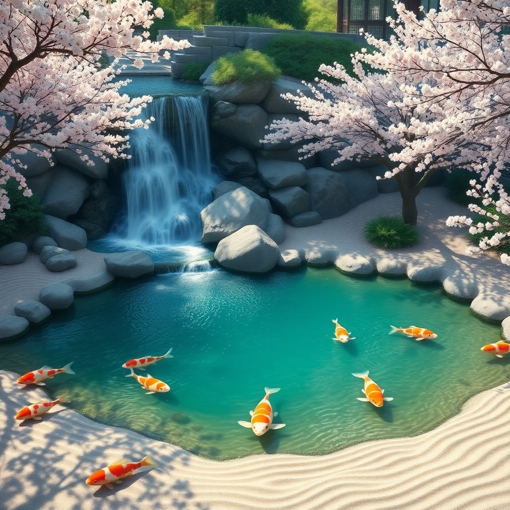 AI generated art for prompt: A serene Zen garden inspired by traditional Japanese aesthetics features an awe-inspiring waterfall 