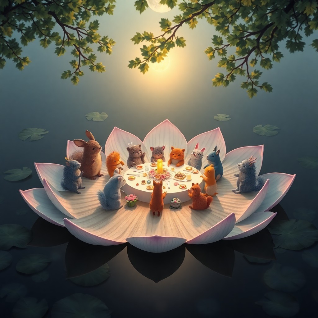 AI generated art for prompt: A captivating digital artwork portraying an idyllic gathering on an expansive, buoyant water lily in