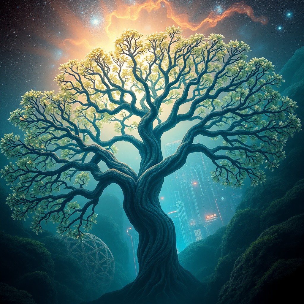 AI generated art for prompt: A dreamlike landscape unveils an ancient tree with elongated branches stretching towards the celesti