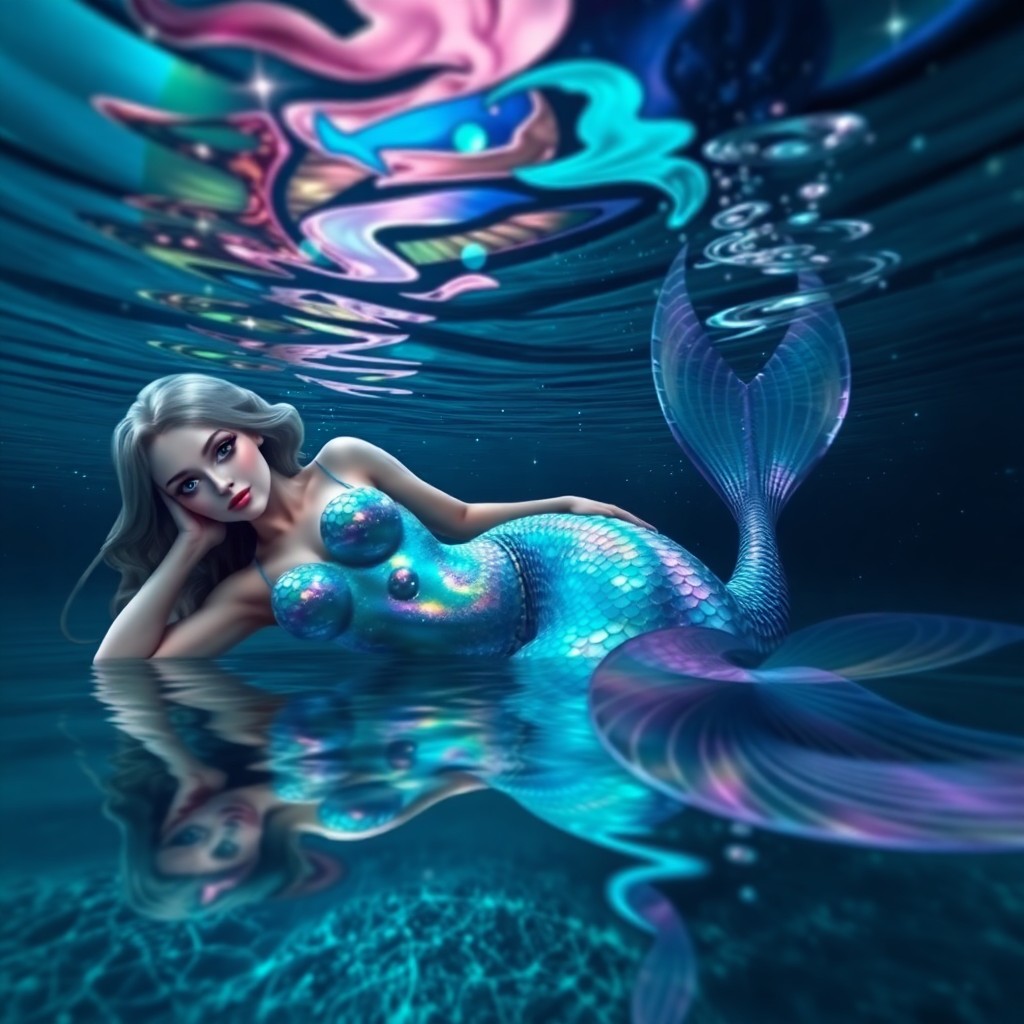 AI generated art for prompt: A mesmerizing digital artwork in a photorealistic style showcases an enchanting mermaid figure loung