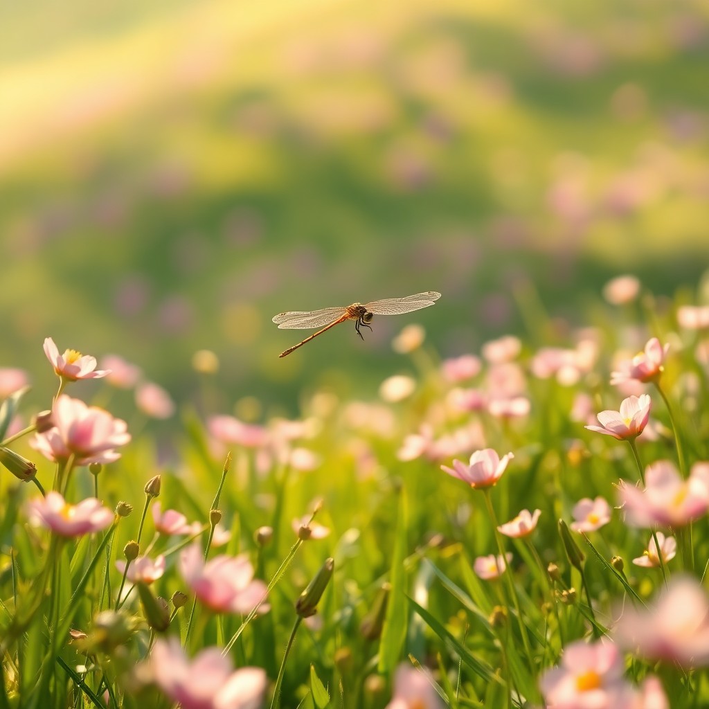 AI generated art for prompt: An enchanting image captures a delicate dragonfly soaring through a vibrant, blooming meadow in spri