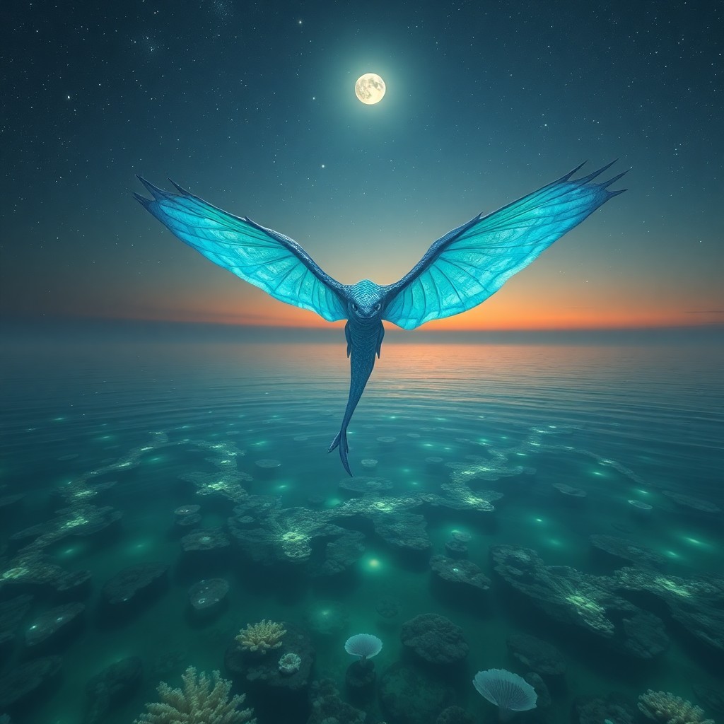 AI generated art for prompt: Imagine an ethereal seascape at twilight, where a majestic winged creature gracefully soars above a 