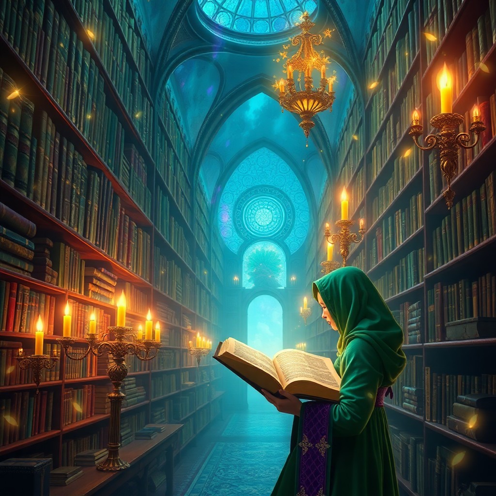 AI generated art for prompt: Craft an enchanting digital artwork depicting an ancient library in a mystical realm, viewed from an