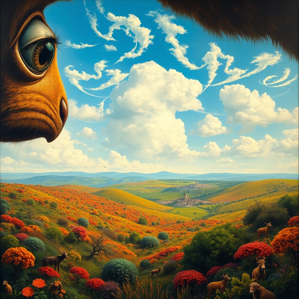 AI generated art for prompt: An elaborate oil painting captures a surreal, dreamlike vista viewed from an immense creature's eye,