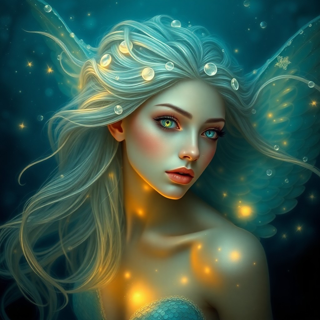 AI generated art for prompt: An ethereal portrait of a celestial nymph with iridescent scales glimmers in an art style reminiscen