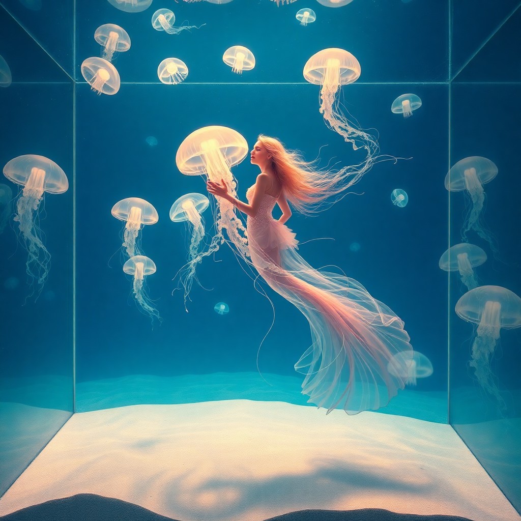 AI generated art for prompt: A mesmerizing digital artwork depicting an enchanting underwater realm featuring a captivating jelly