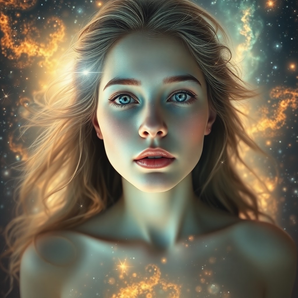 AI generated art for prompt: A celestial portrait in an enchanting style reminiscent of Alex Grey's surrealism depicts a transcen