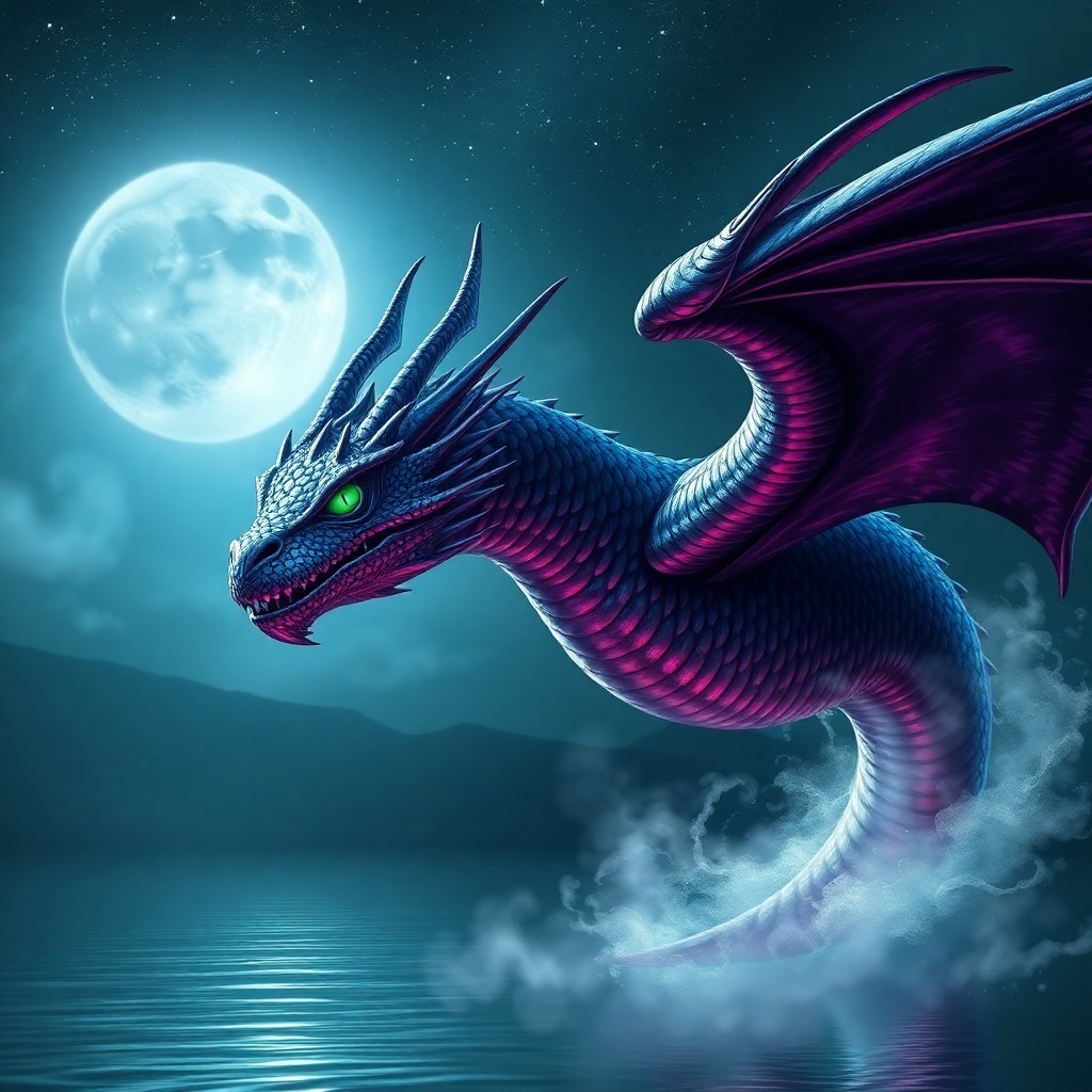 AI generated art for prompt: A majestic dragon soars over a tranquil, moonlit lake in this awe-inspiring digital artwork, with et