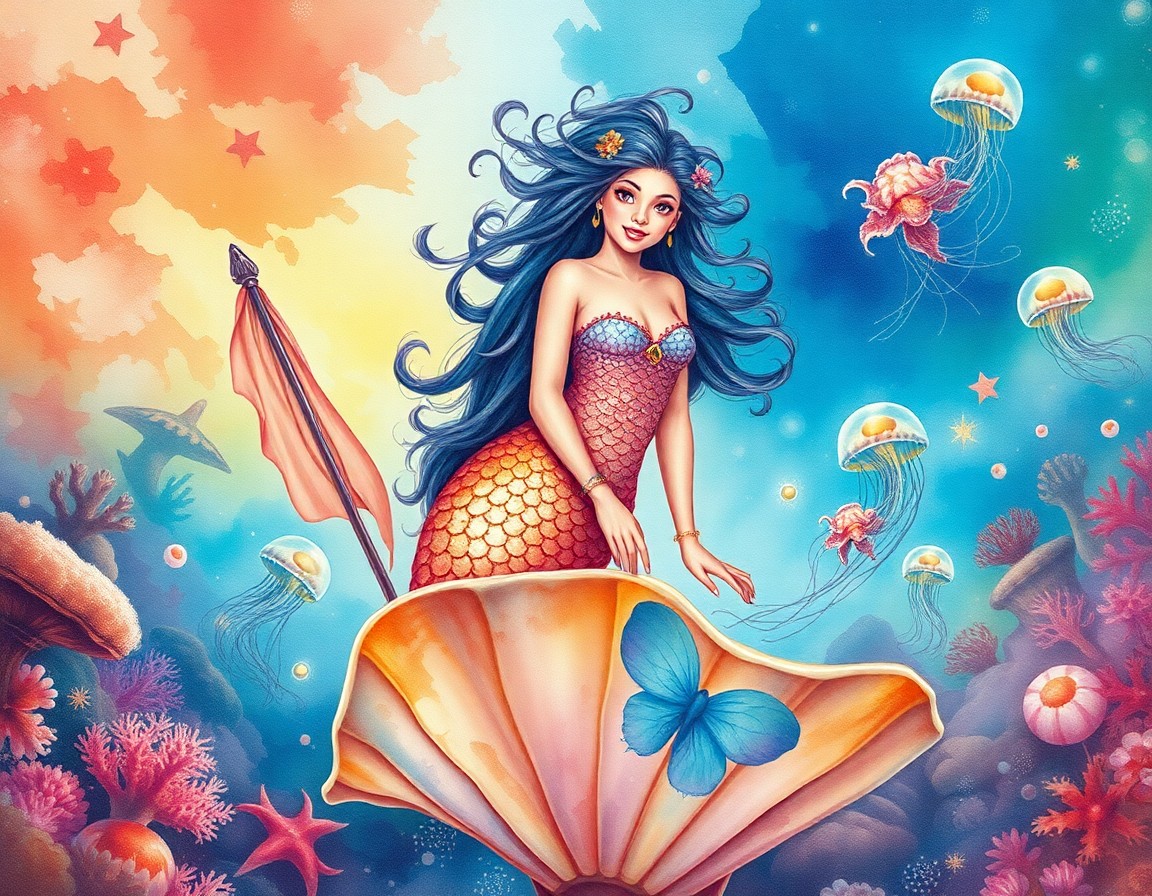 AI generated art for prompt: Envision an enchanting watercolor portrait depicting a mischievous mermaid princess with scales shim