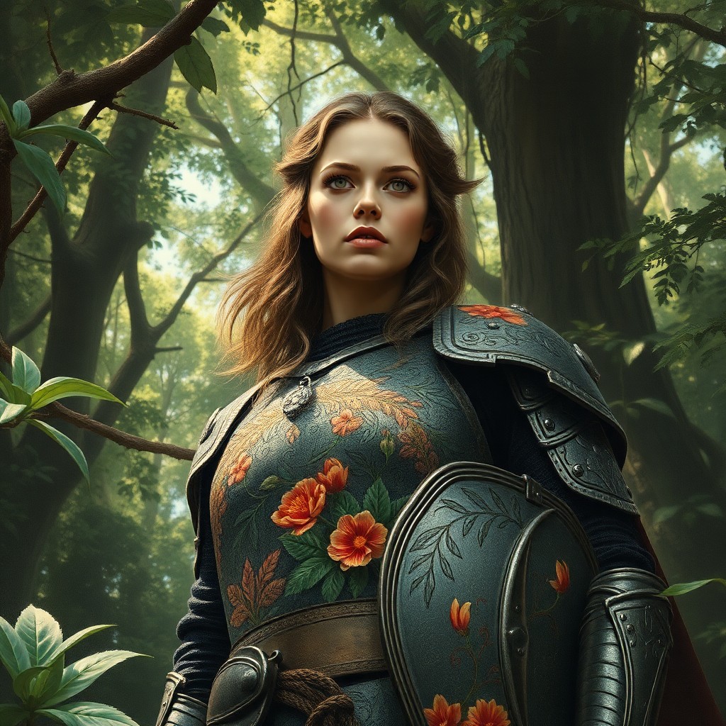 AI generated art for prompt: An oil painting captures a warrior woman in medieval attire, standing defiantly within an overgrown 