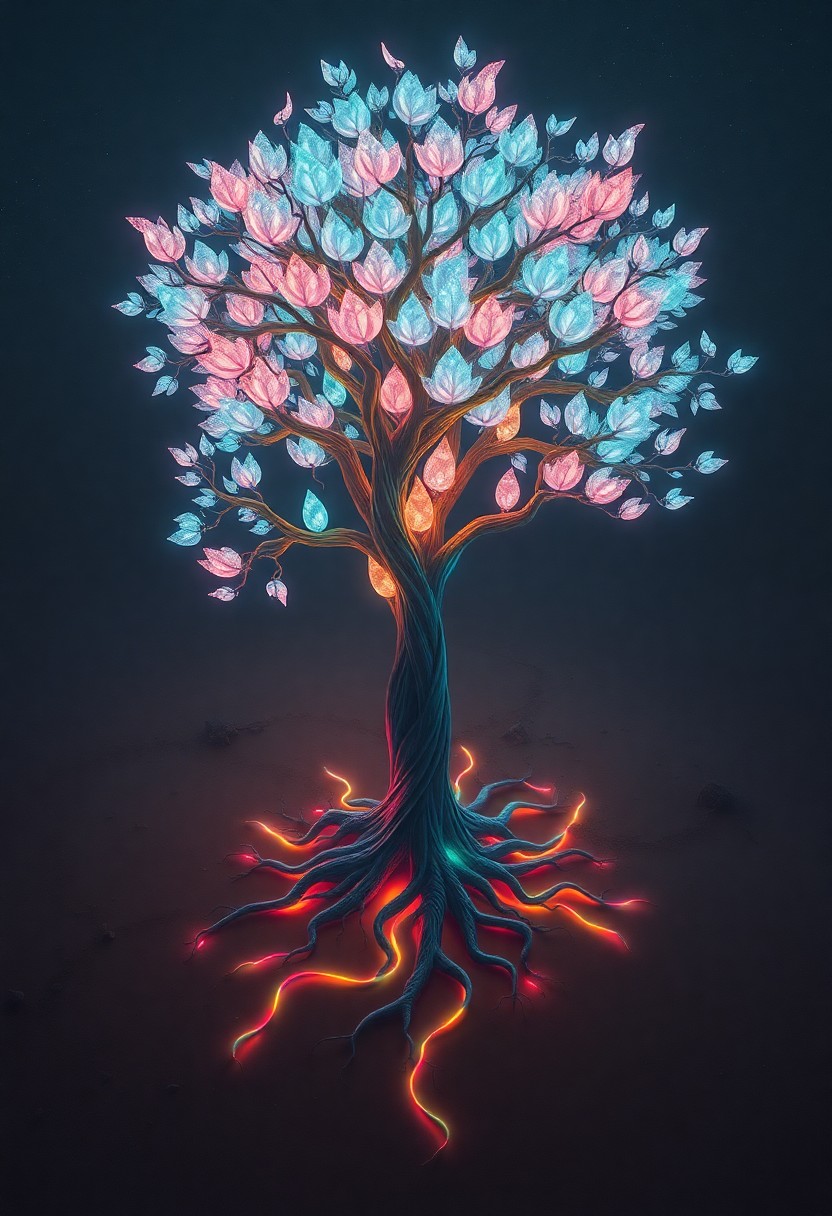 AI generated art for prompt: A fantastical tree with translucent leaves emitting soft, glowing light in various hues stands alone