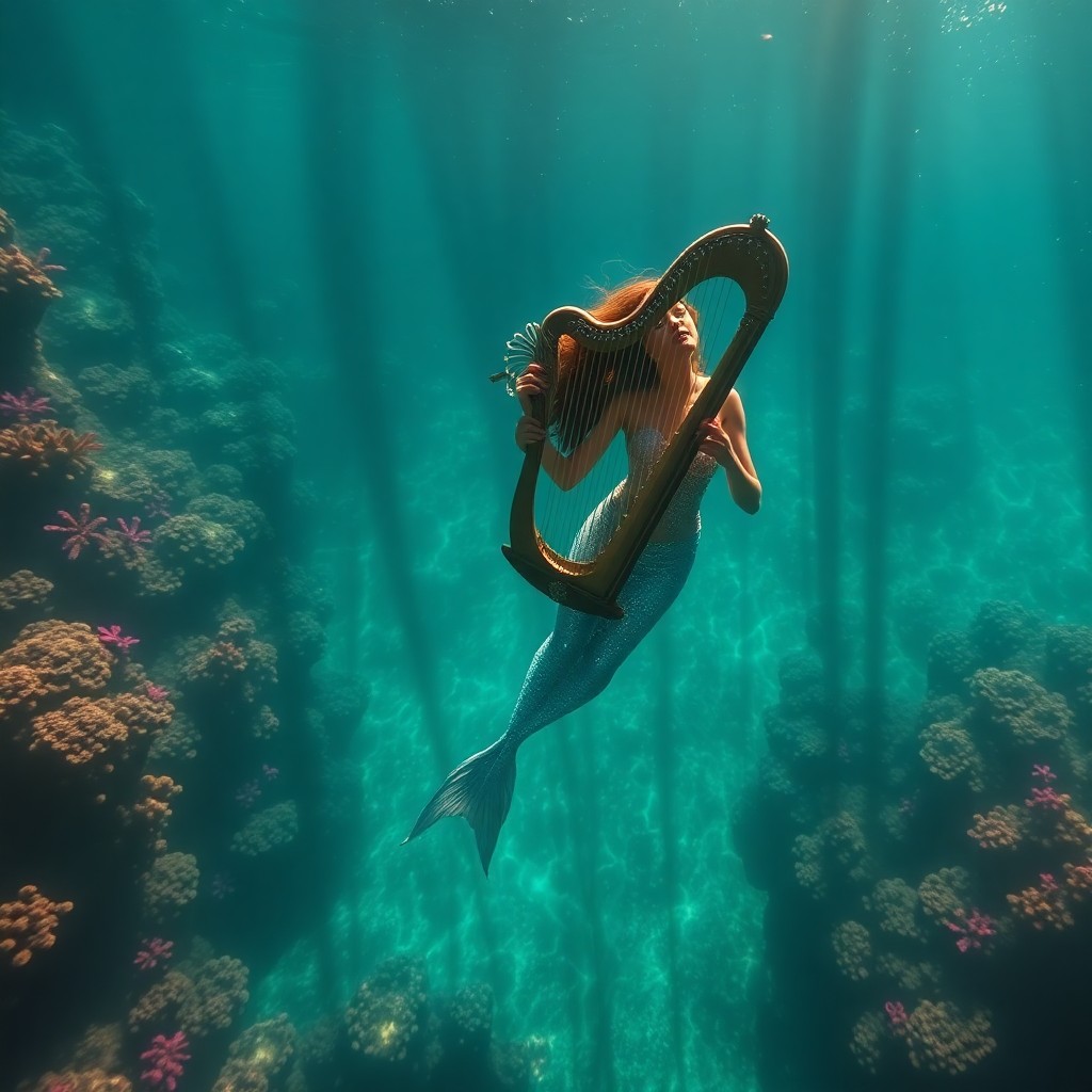 AI generated art for prompt: A serene underwater scene, reminiscent of Renaissance frescoes, depicts an ethereal mermaid graceful