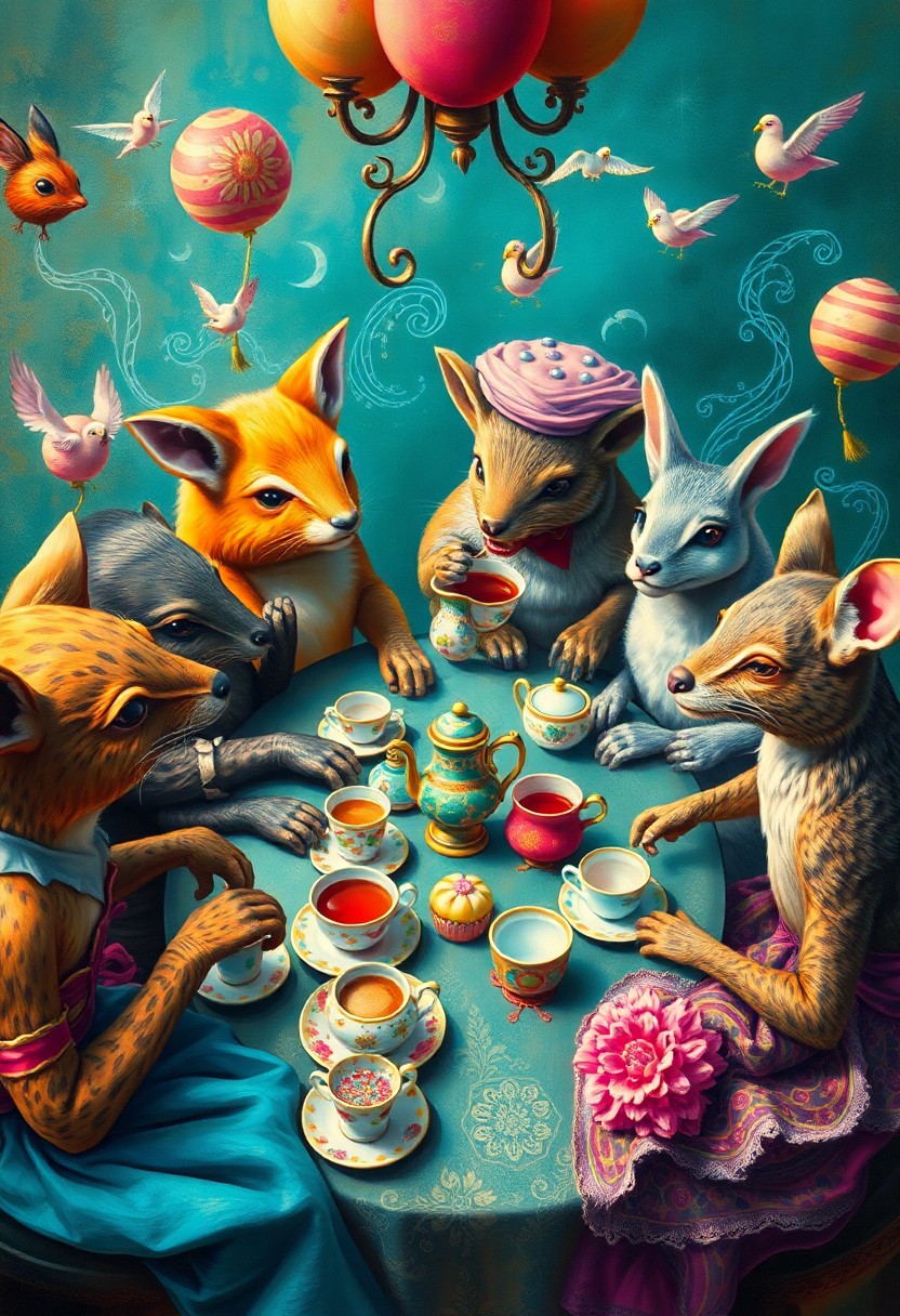 AI generated art for prompt: In the whimsical style of surrealist paintings, depict an enchanting tea party scene where anthropom