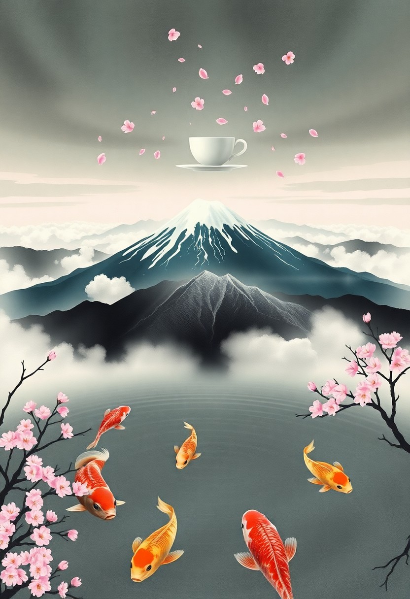 AI generated art for prompt: Envision an enchanting blend of dreamlike landscapes with traditional Japanese ink wash painting tec