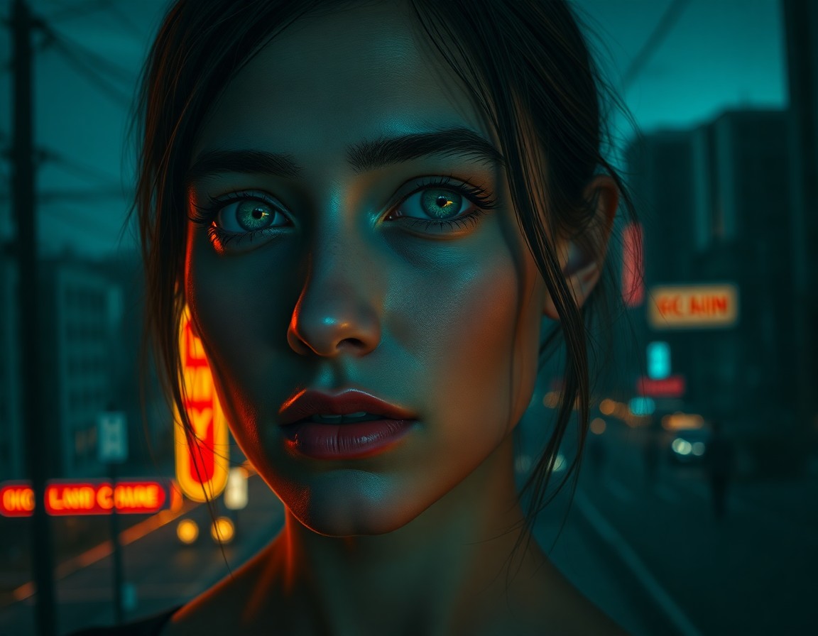 AI generated art for prompt: An evocative digital art portrait captures a young woman's face, bathed in otherworldly light remini