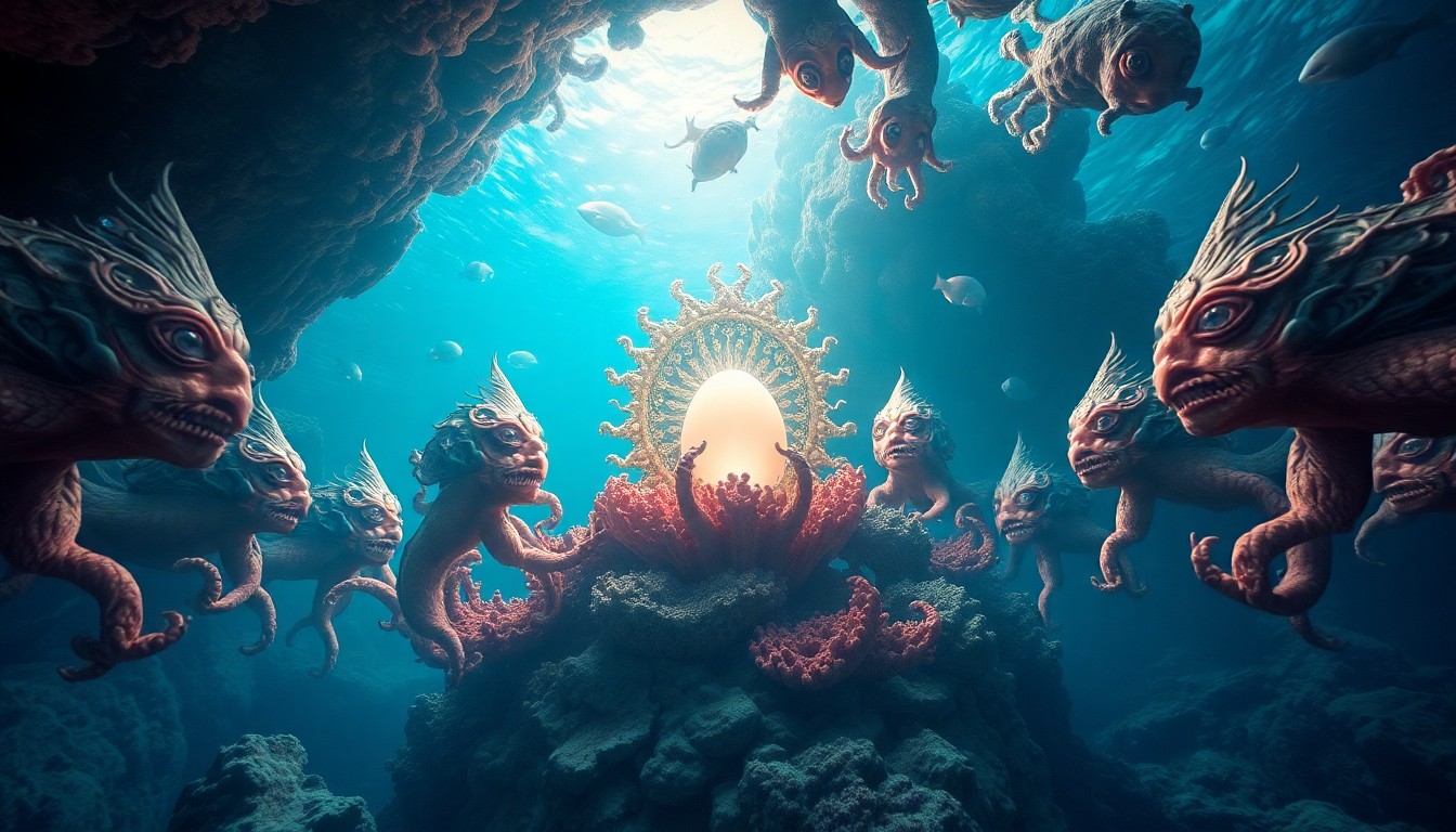 AI generated art for prompt: A mesmerizing digital artwork captures a dreamlike underwater realm, reminiscent of Hieronymus Bosch
