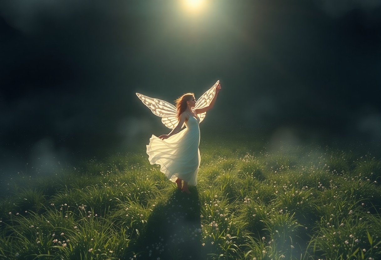 AI generated art for prompt: An image showcasing the enchanting dance of an ethereal figure in a tranquil nocturnal landscape, re