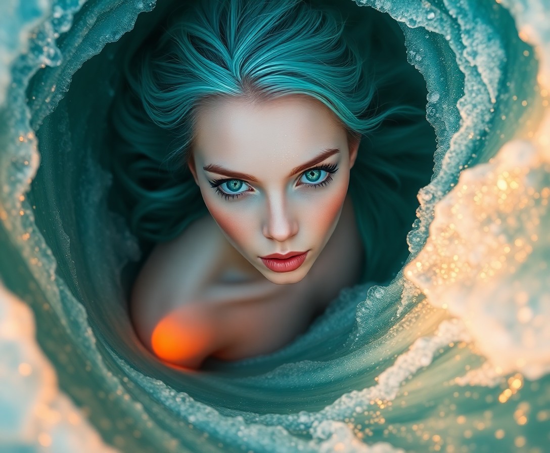 AI generated art for prompt: A mesmerizing portrait depicting an ethereal mermaid with shimmering scales and iridescent hair, ris