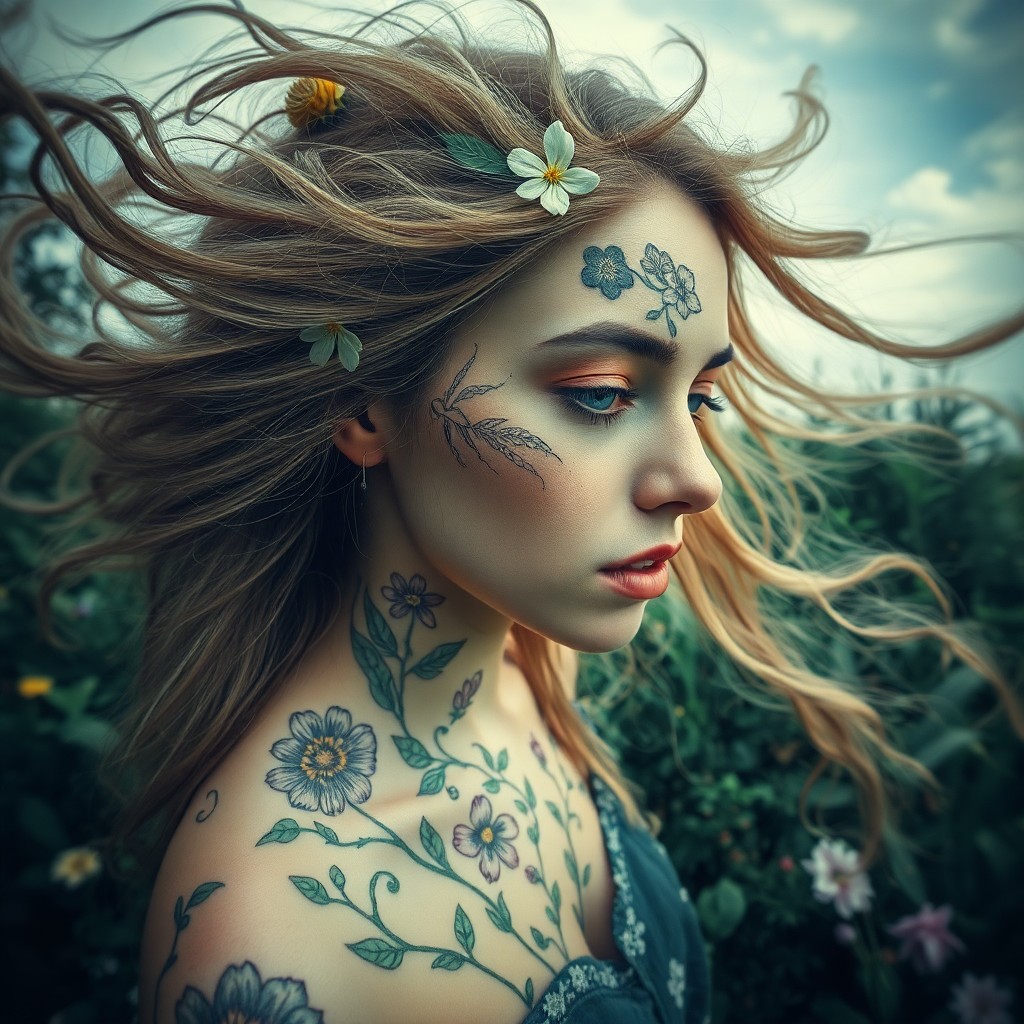 AI generated art for prompt: A captivating portrait that artfully blends fantasy with reality, this image showcases a young woman