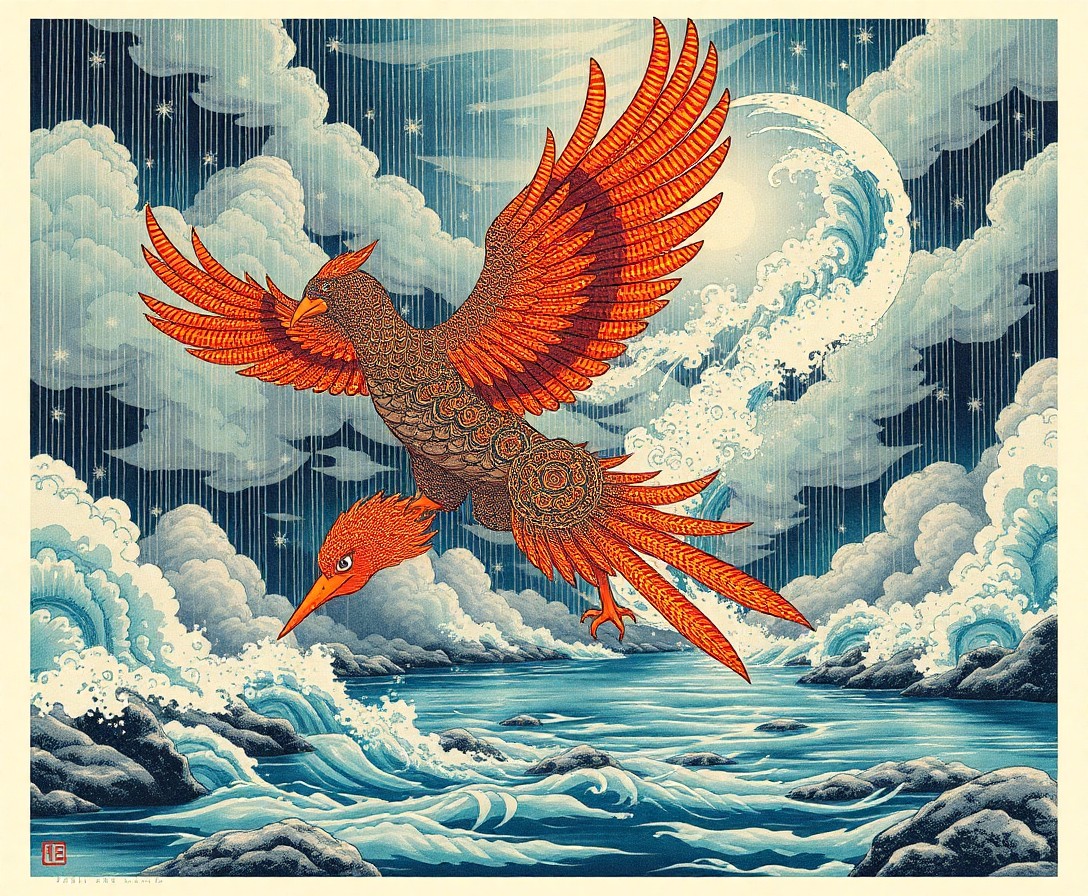 AI generated art for prompt: A magnificent bird of legend, reminiscent of the intricate designs found in traditional Japanese woo