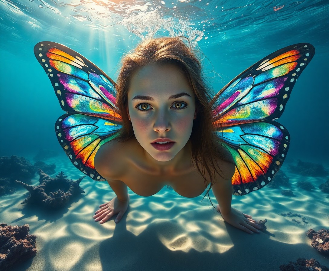 AI generated art for prompt: A surreal, hyper-realistic portrait depicts a young woman with vibrant butterfly wings rising from a