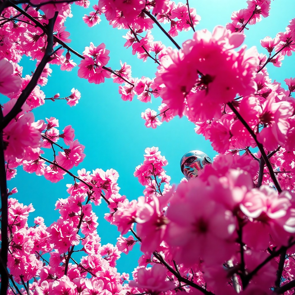 AI generated art for prompt: A surreal landscape where a vibrant cherry blossom tree fills the foreground, its delicate pink peta