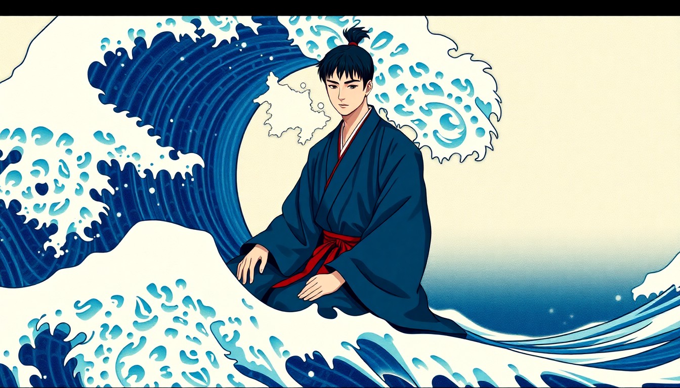 AI generated art for prompt: A young man in traditional Japanese attire sits serenely amidst an undulating wave, evoking the tran