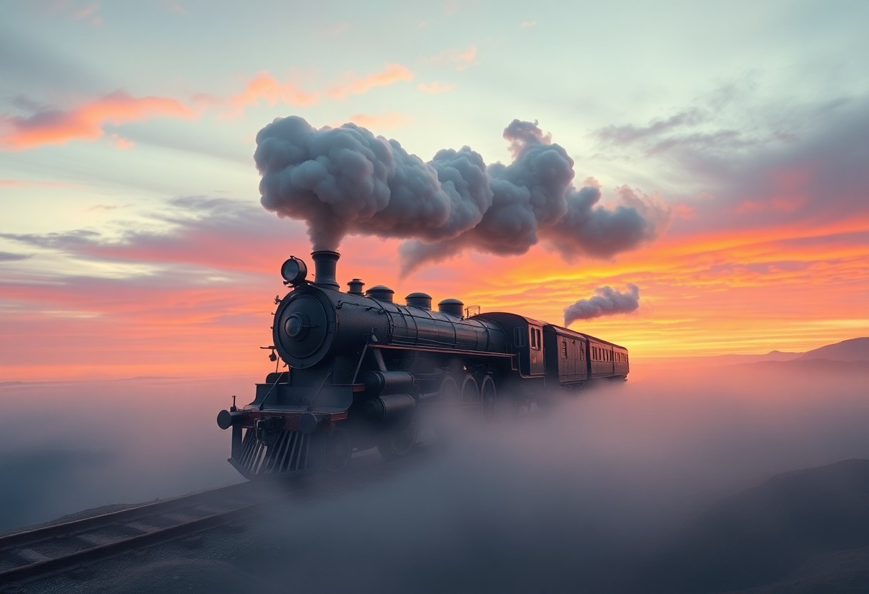 AI generated art for prompt: A surreal digital art composition captures a vintage steam locomotive dissolving into an ethereal la