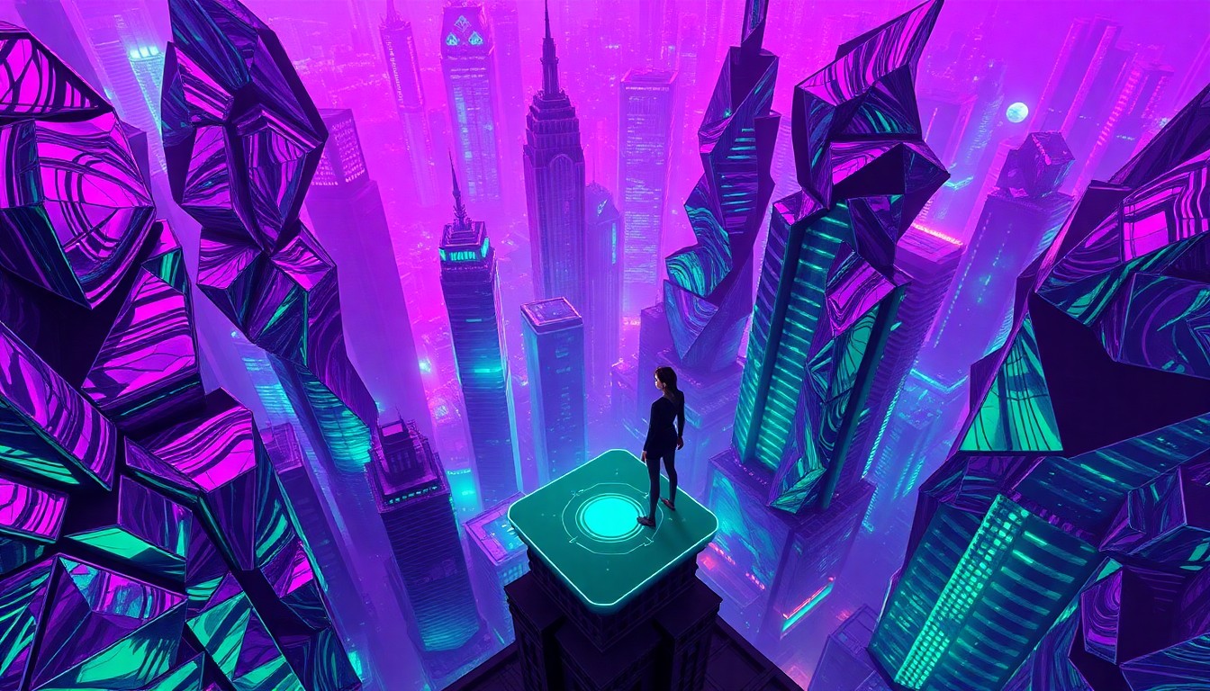 AI generated art for prompt: A surreal cityscape featuring distorted skyscrapers with metallic surfaces shimmering under neon lig