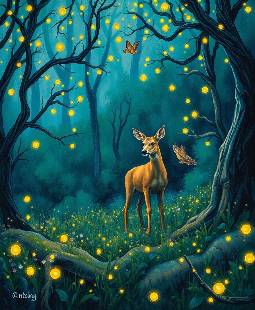 AI generated art for prompt: Imagine a captivating woodland clearing bathed in the gentle luminescence of countless fireflies dur