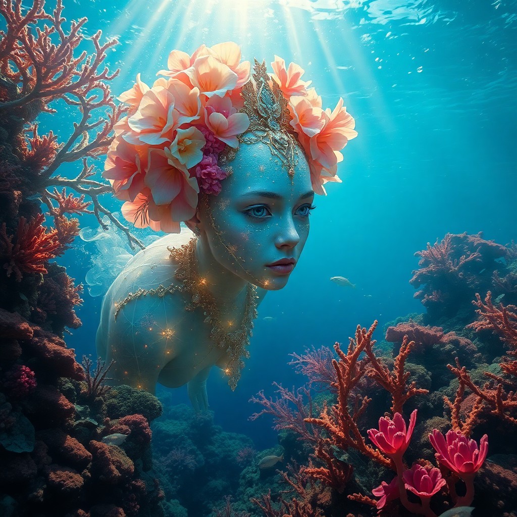 AI generated art for prompt: An enchanting photorealistic image portraying an underwater realm reminiscent of James Cameron's cin