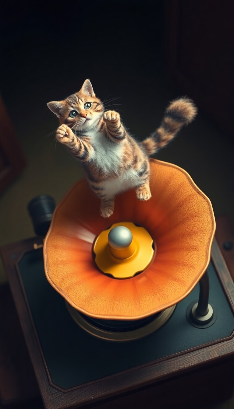 AI generated art for prompt: A whimsical digital artwork showcases an enchanting feline illusionist perched atop a retro phonogra