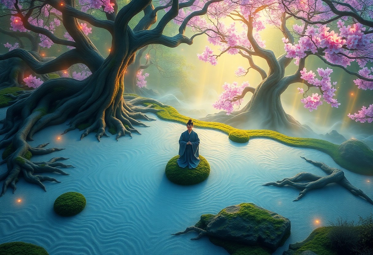 AI generated art for prompt: A digital artwork depicts an enchanting blend between a tranquil Zen garden and a mystical forest. F