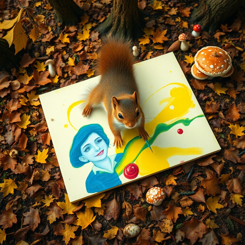 AI generated art for prompt: A surreal portrait capturing an ambitious squirrel artist at work in a whimsical forest setting, rem