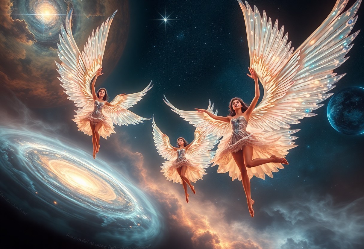 AI generated art for prompt: A mesmerizing digital artwork showcases an enchanting cosmic ballet featuring ethereal celestial bei