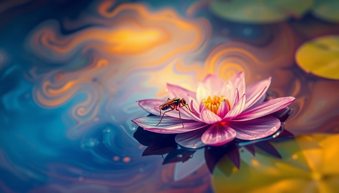 AI generated art for prompt: A surreal dreamscape emerges from an insect's perspective on a lily pad in a serene pond. The scene 