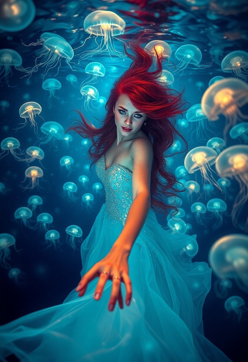 AI generated art for prompt: A surreal digital artwork depicting an underwater scene from a unique vantage point, where a woman w