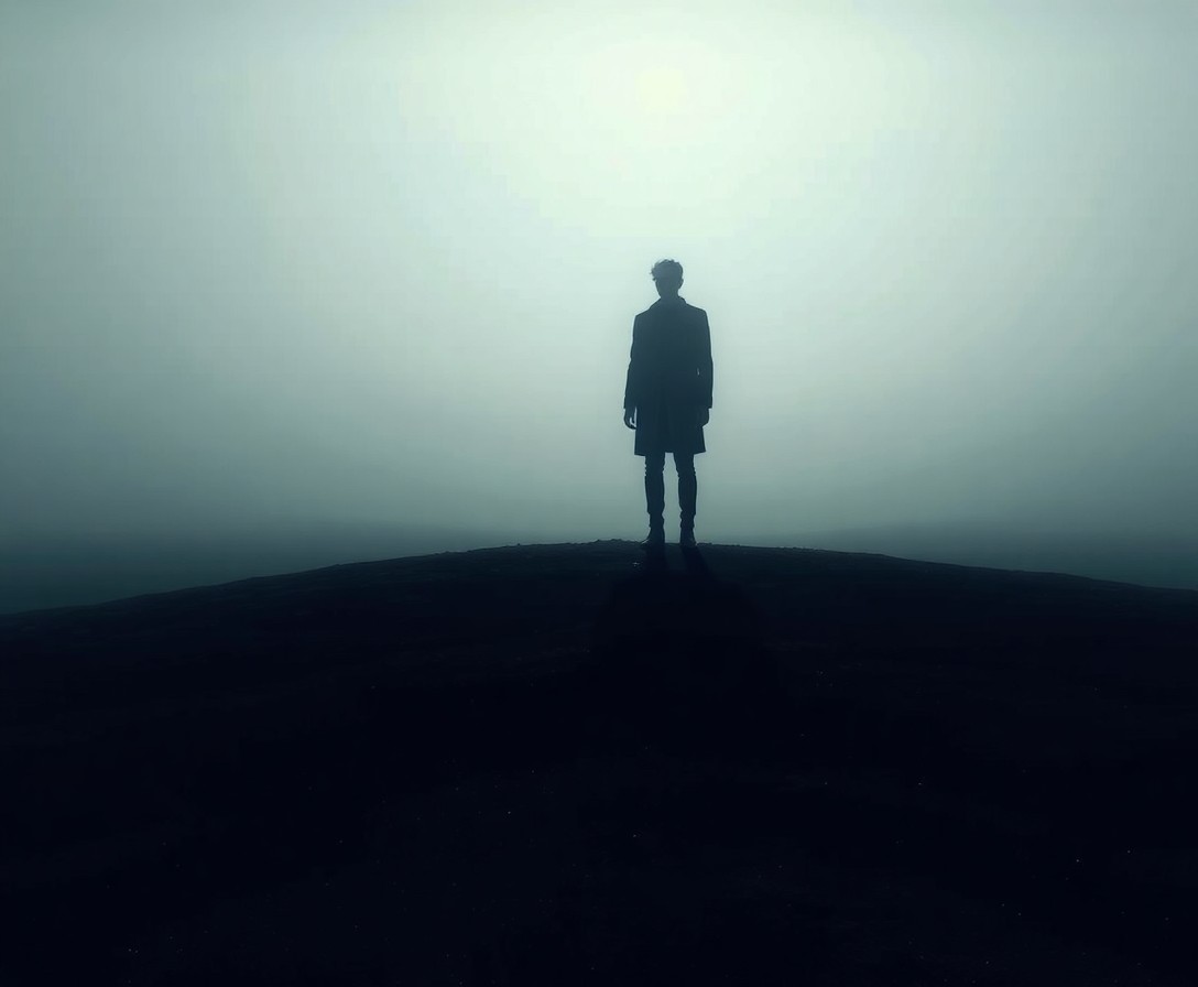 AI generated art for prompt: A solitary figure stands atop an expansive, desolate landscape, enveloped in an otherworldly mist th