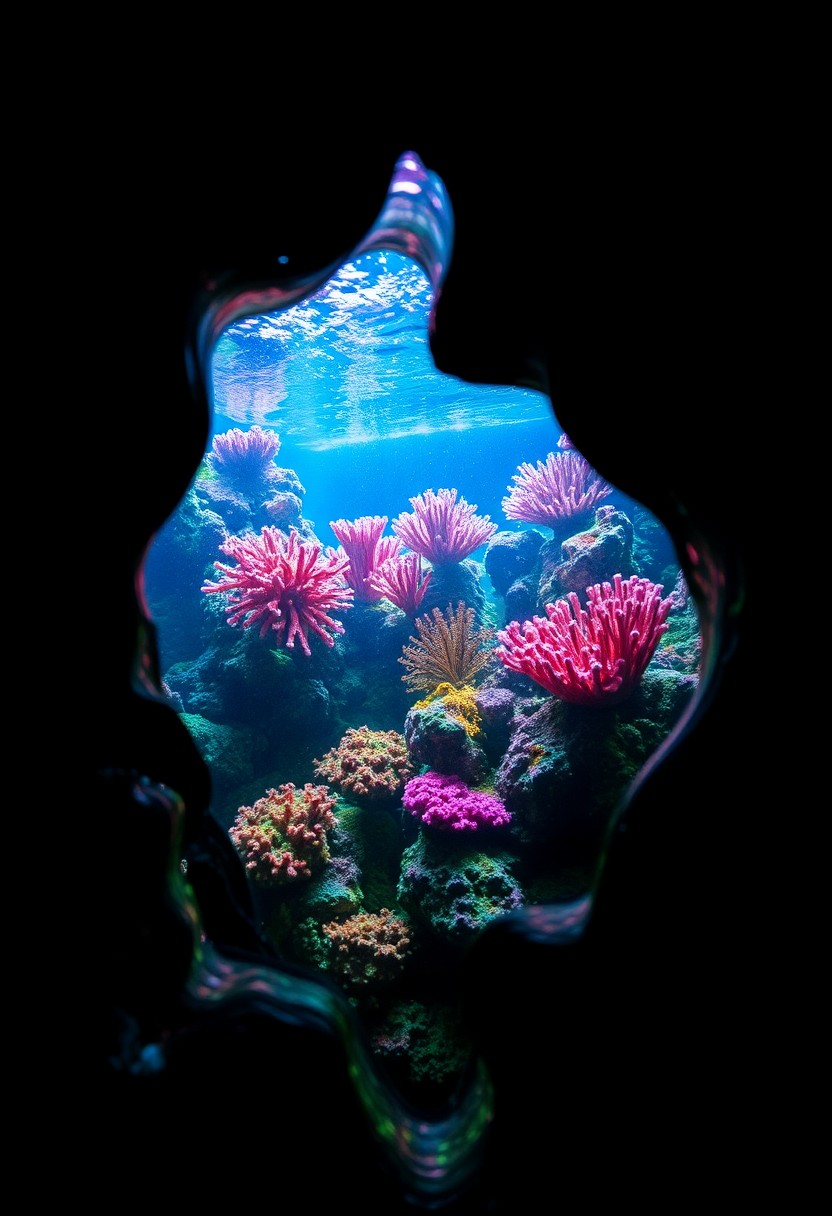 AI generated art for prompt: A dreamlike image captures an up-close view of a vibrant coral reef thriving within a glass aquarium