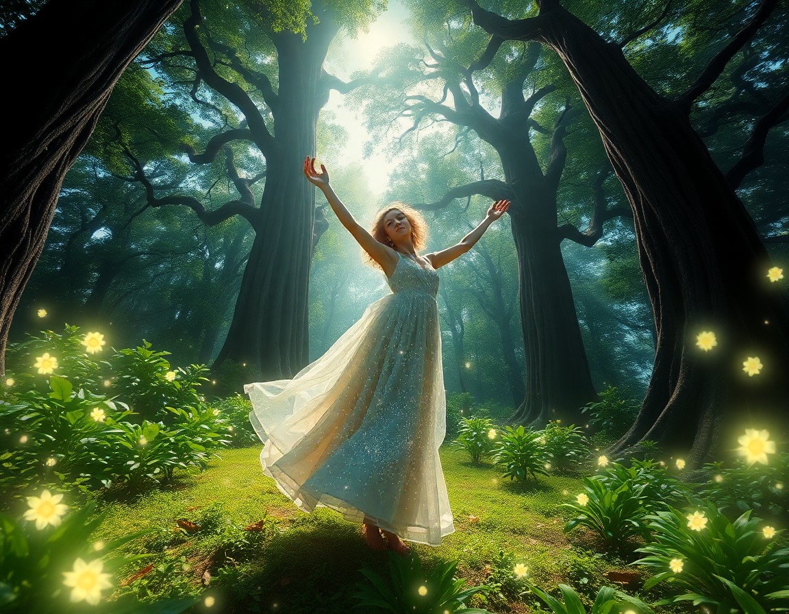 AI generated art for prompt: A captivating digital artwork portraying a celestial being gracefully dancing in an enchanted forest