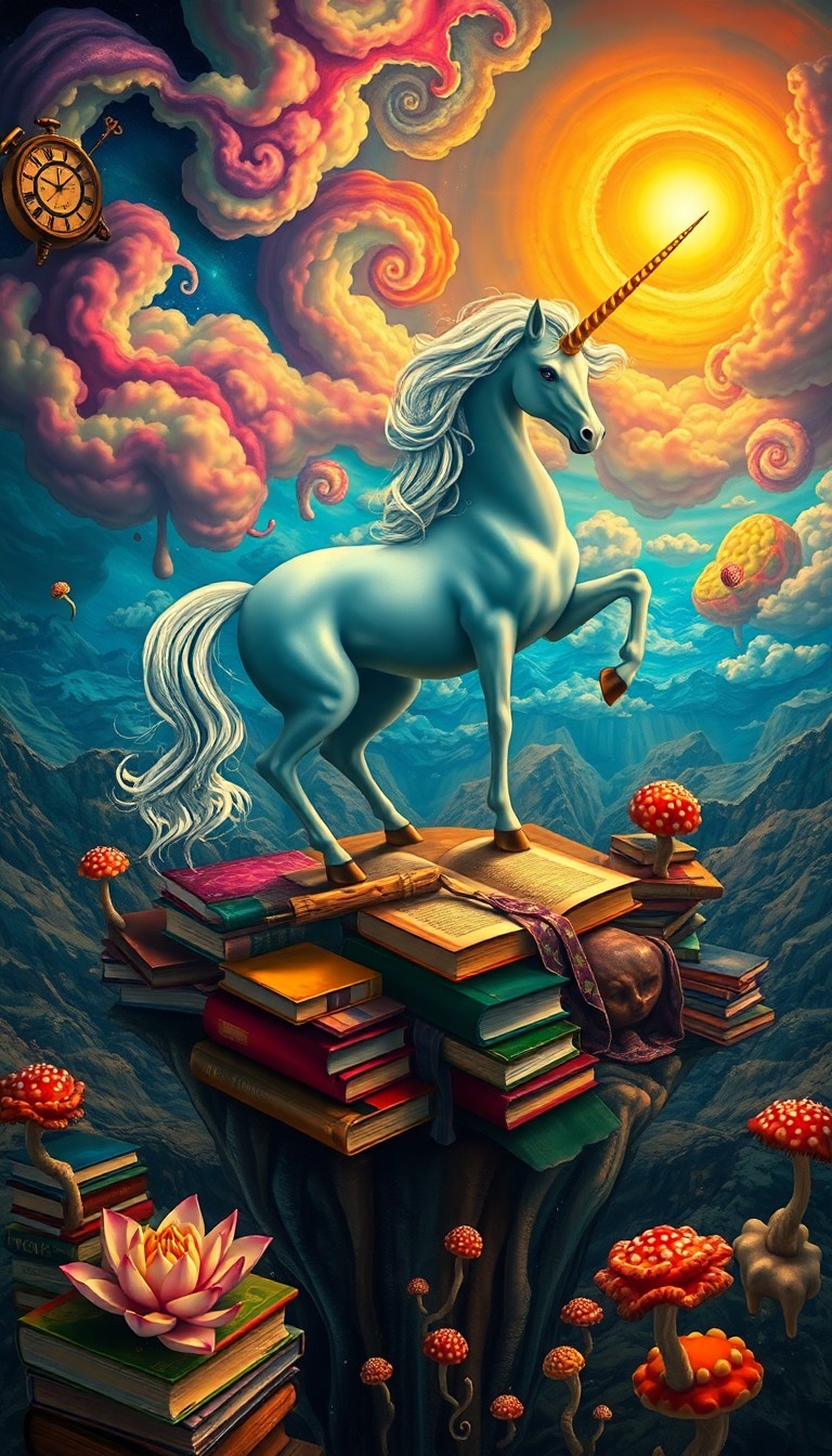 AI generated art for prompt: In this surreal dreamscape, an elegant unicorn gracefully stands upon a floating isle of books, its 