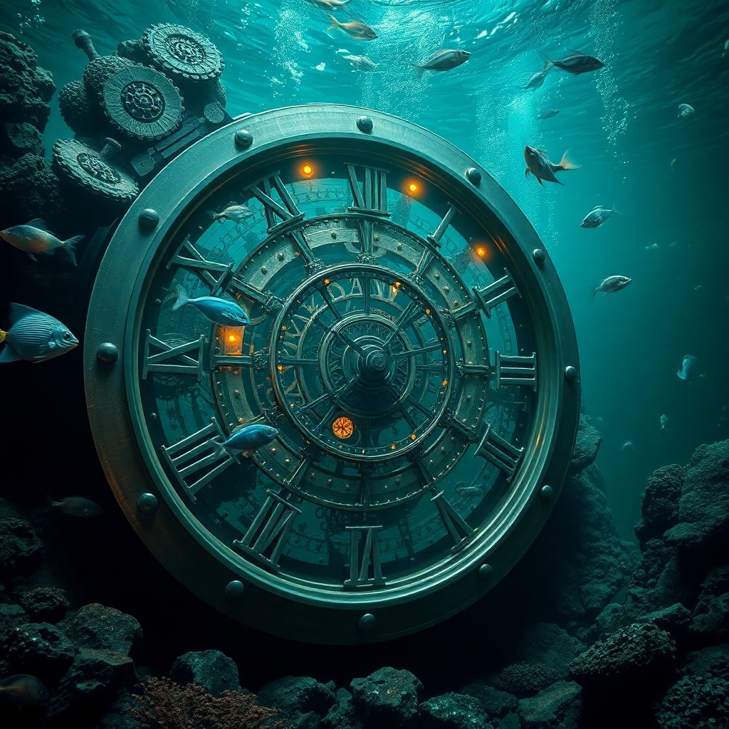 AI generated art for prompt: An enigmatic underwater tableau captures a surreal fusion of time and space, as marine life graceful