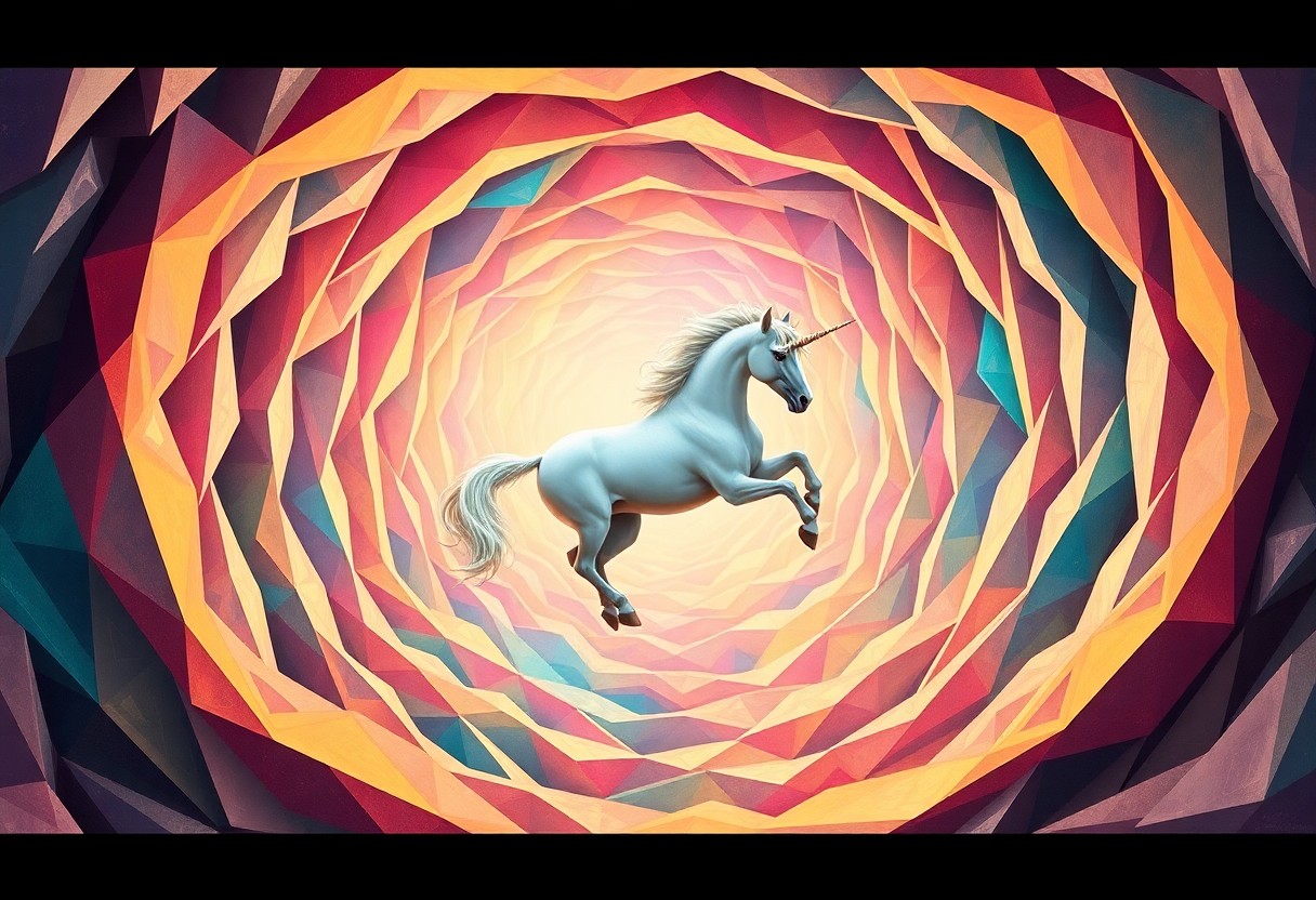 AI generated art for prompt: A surreal digital artwork showcases an awe-inspiring unicorn gracefully drifting amidst a labyrinthi